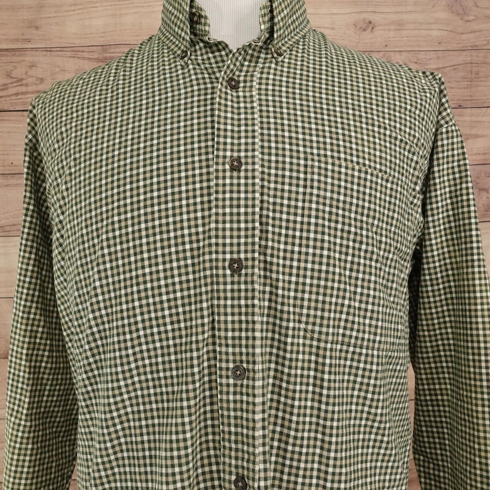 Haggar Shirt Mens L Green Check Long Sleeve Button-Up Cotton Casual Pocket